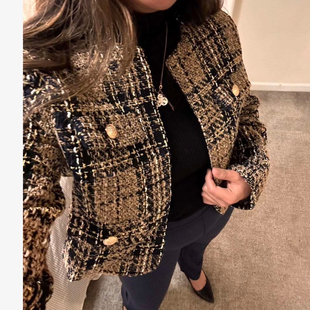 Classic Plaid Print Tweed Open Front Jacket Coat - Picture 4 of 9